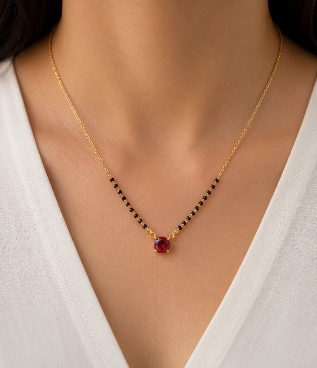 Ruby Red Solitaire Mangalsutra worn by model - Nyara