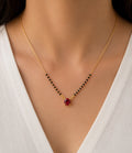 Ruby Red Solitaire Mangalsutra worn by model - Nyara