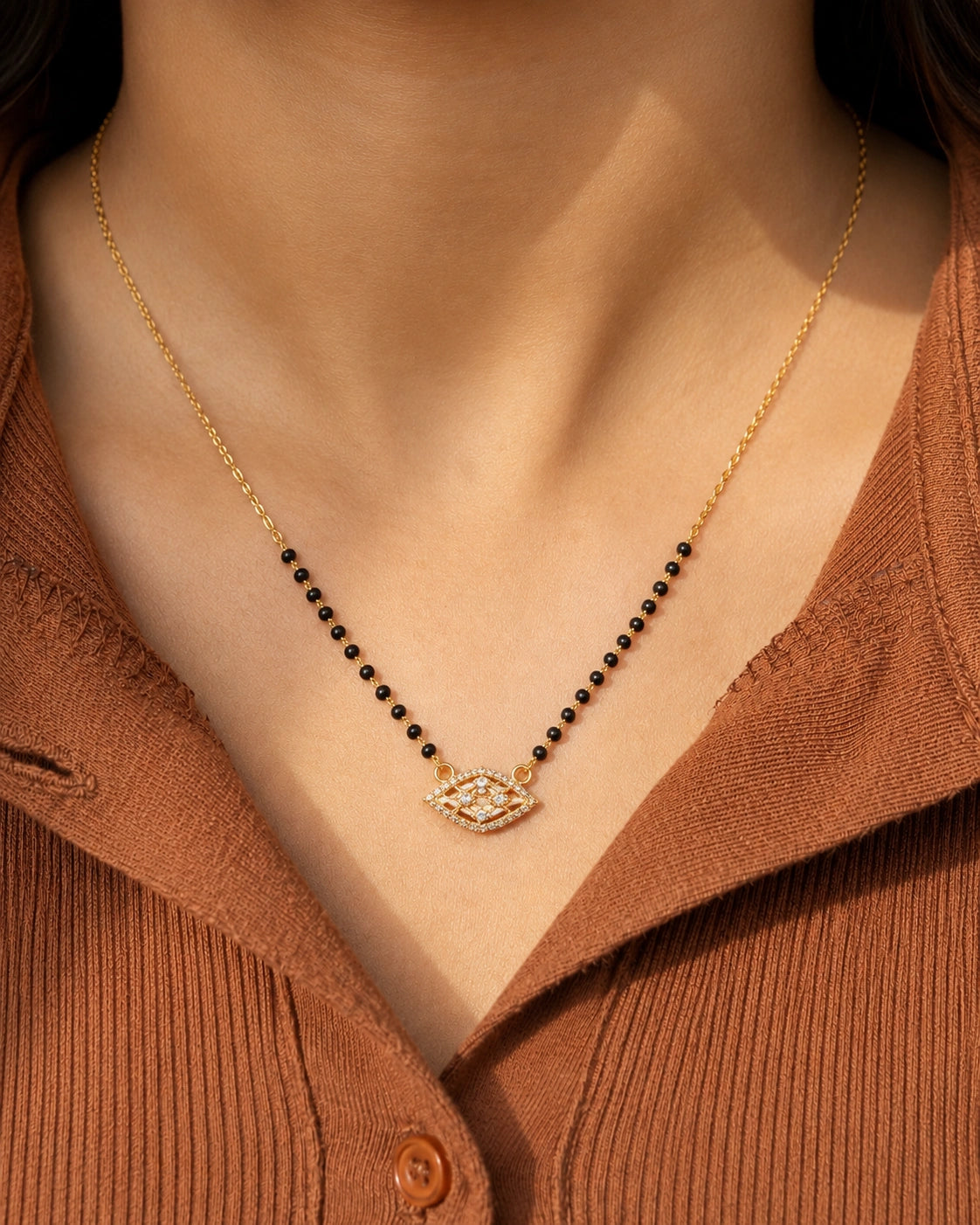 Evil Eye Diamond Mangalsutra worn by model - Nyara