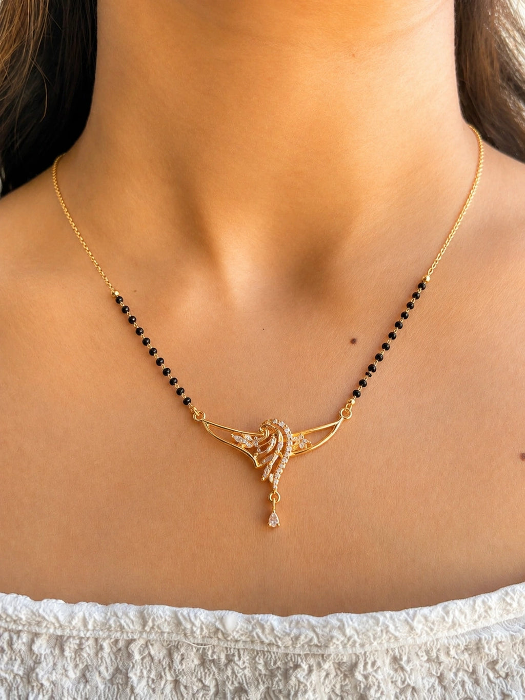 Wing Diamond Mangalsutra worn by model - Nyara