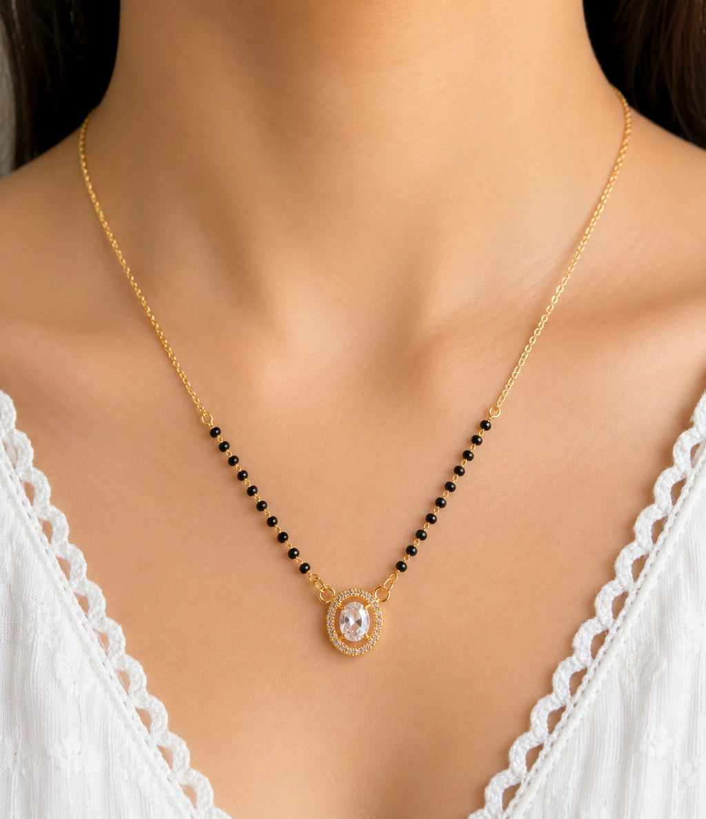 Oval Solitaire Diamond Mangalsutra worn by model - Nyara