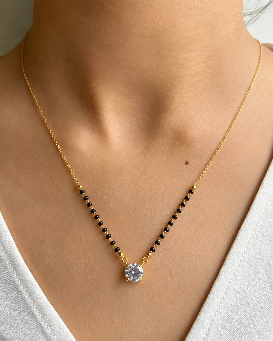Round Solitaire CZ Mangalsutra worn by model - Nyara