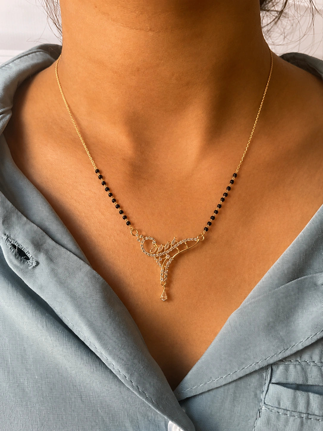 Filigree Vine Diamond Mangalsutra worn by model - Nyara