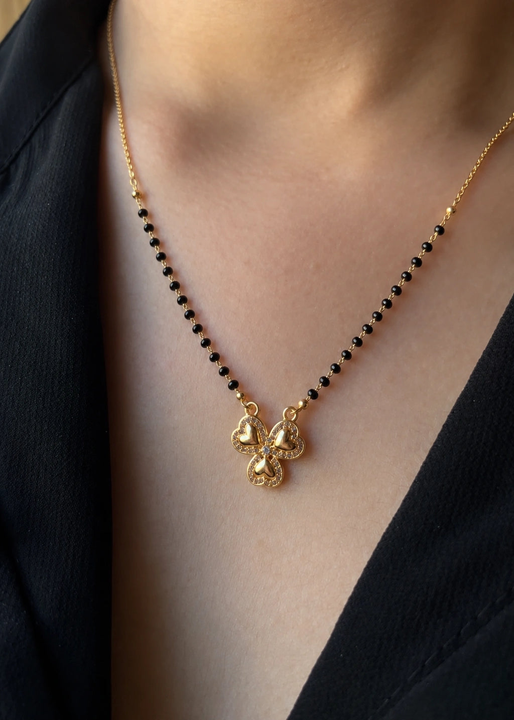 Four Heart Clover Diamond Mangalsutra worn by model - Nyara