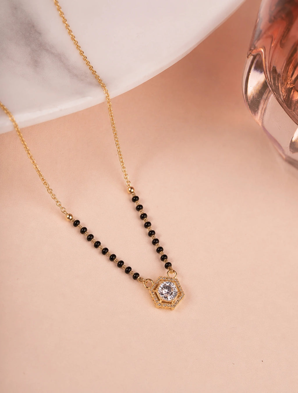 Gold Plated Hexagon Mangalsutra flat lay - Nyara